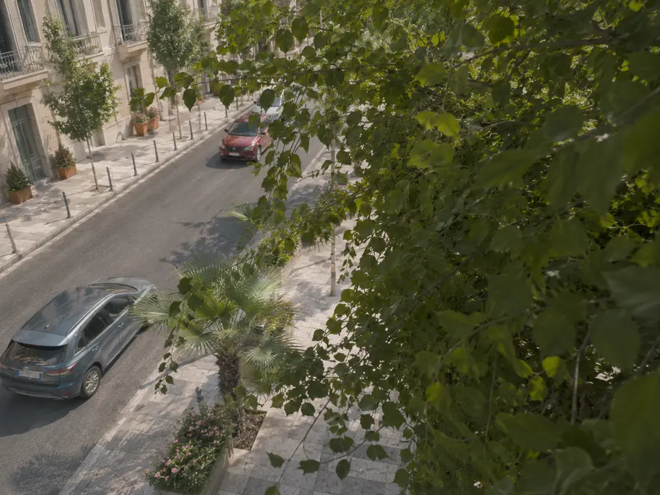 Een woonstraat halverwege de ochtend, in de zon. Links de natuurstenen gevel, de plantenbakken en de stoep met paaltjes. In het midden de rijbaan met een rode auto die stilstaat, verderop een witte bestelbus en onderaan een auto die wegrijdt. En rechts, over ruim een derde van het beeld, een tak met grote bladeren, zo dicht op de lens dat je elke nerf ziet. Achter die tak liggen de stoep en de voordeur waar deze camera op stond. IRIS ziet dat een deel van het gezichtsveld door groen wordt bedekt, en dat dat deel week na week is gegroeid. Van welke boom hij is of wanneer er voor het laatst is gesnoeid, weet IRIS niet.