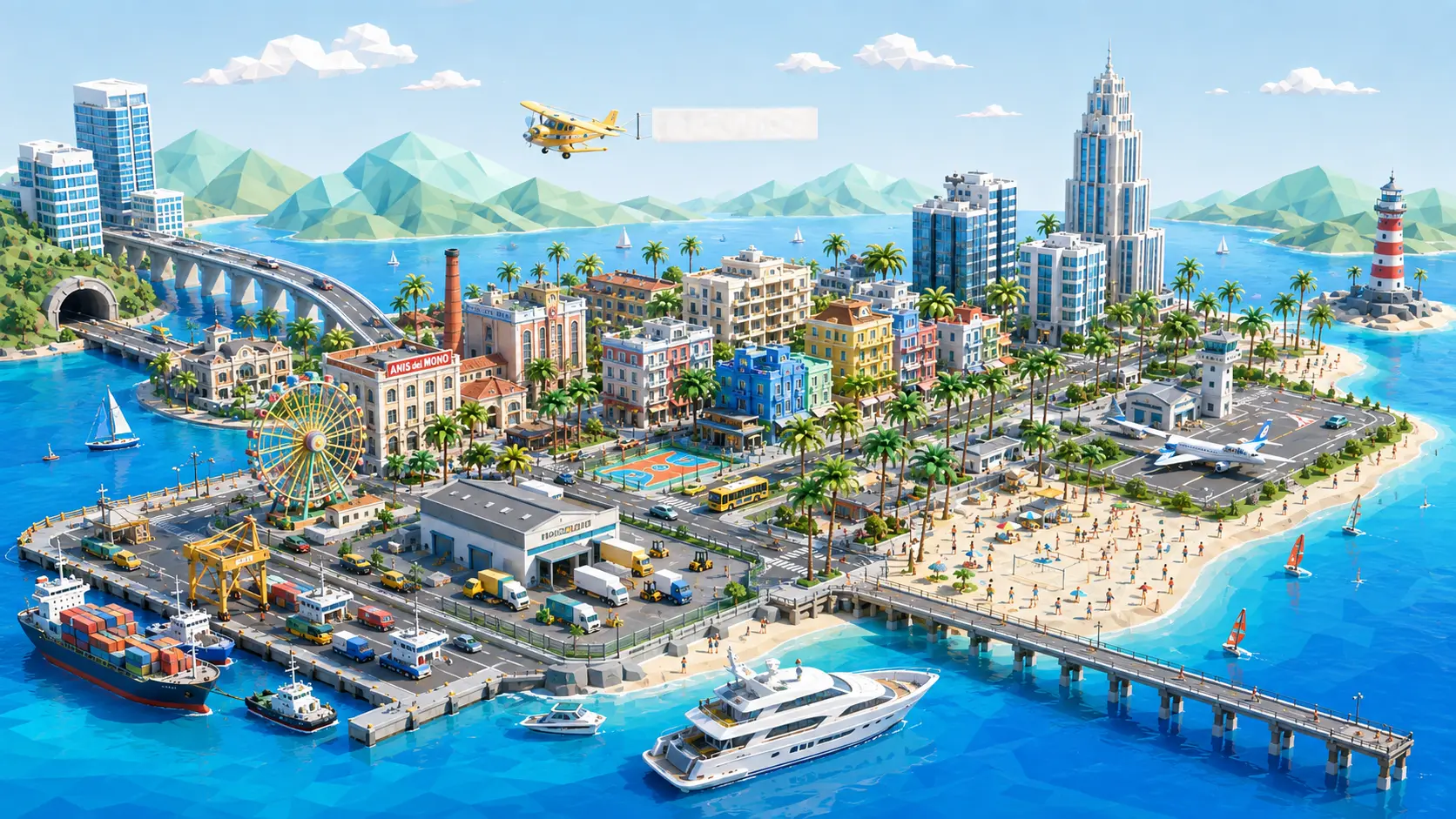 Vista aérea ilustrada de una ciudad costera: el puerto con grúas y contenedores, un paseo marítimo con palmeras, manzanas de edificios de colores, una playa con bañistas, un embarcadero y un faro al fondo.