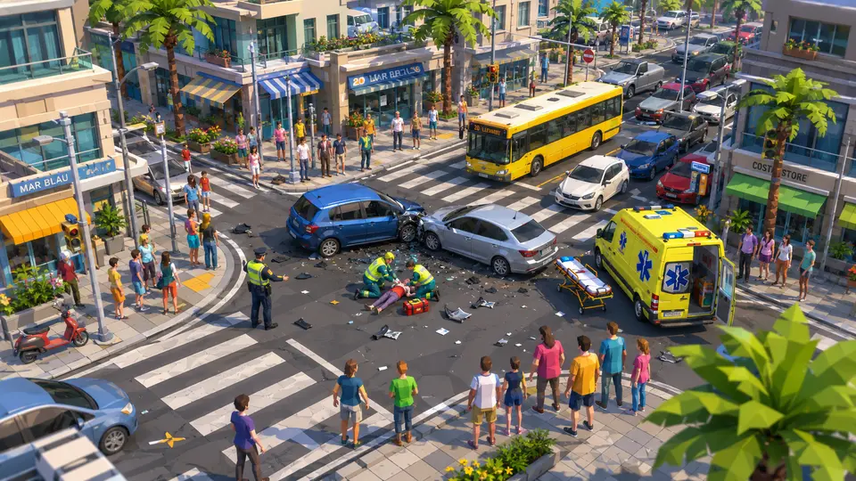 Dos turismos han colisionado en el centro del cruce. Hay una persona en el suelo atendida por sanitarios, un autobús parado detrás y curiosos en las dos aceras; el tráfico está detenido en los cuatro accesos.