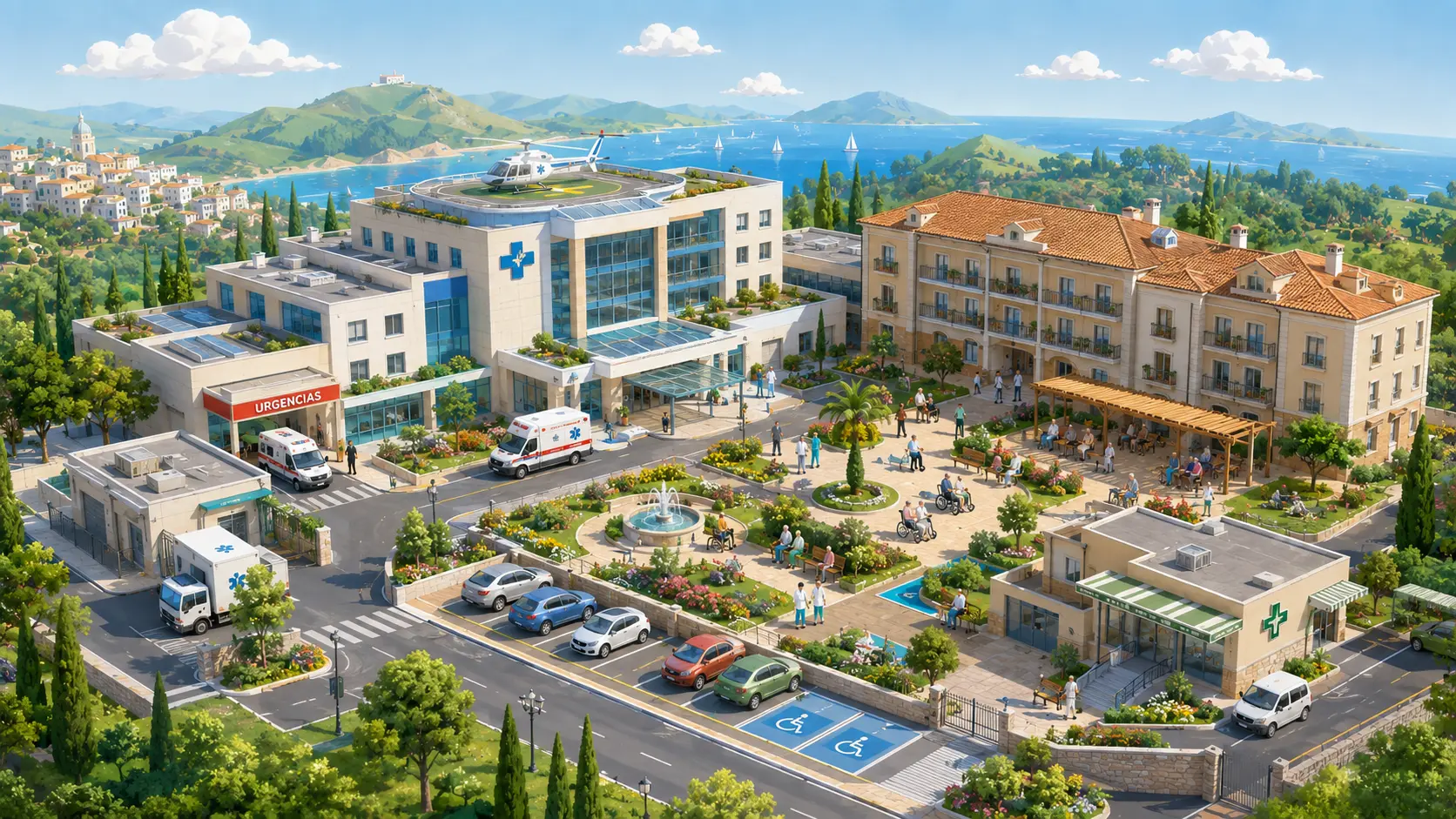 Vista elevada ilustrada de un campus hospitalario junto al mar: el edificio principal, acristalado y de varias plantas, con un helipuerto en la azotea y un helicóptero posado; a un lado la entrada de urgencias, con su rótulo rojo y dos ambulancias delante; enfrente un edificio residencial de estilo mediterráneo, con tejado de teja y soportales cubiertos donde hay gente sentada a la sombra; en medio unos jardines con fuentes, parterres de flores y bancos por donde pasea gente, algunas personas en silla de ruedas y acompañadas; a la derecha una farmacia con su cruz verde; delante un aparcamiento con coches y dos plazas reservadas marcadas en azul; palmeras, cipreses y pinos alrededor, y al fondo el mar con colinas e islas.