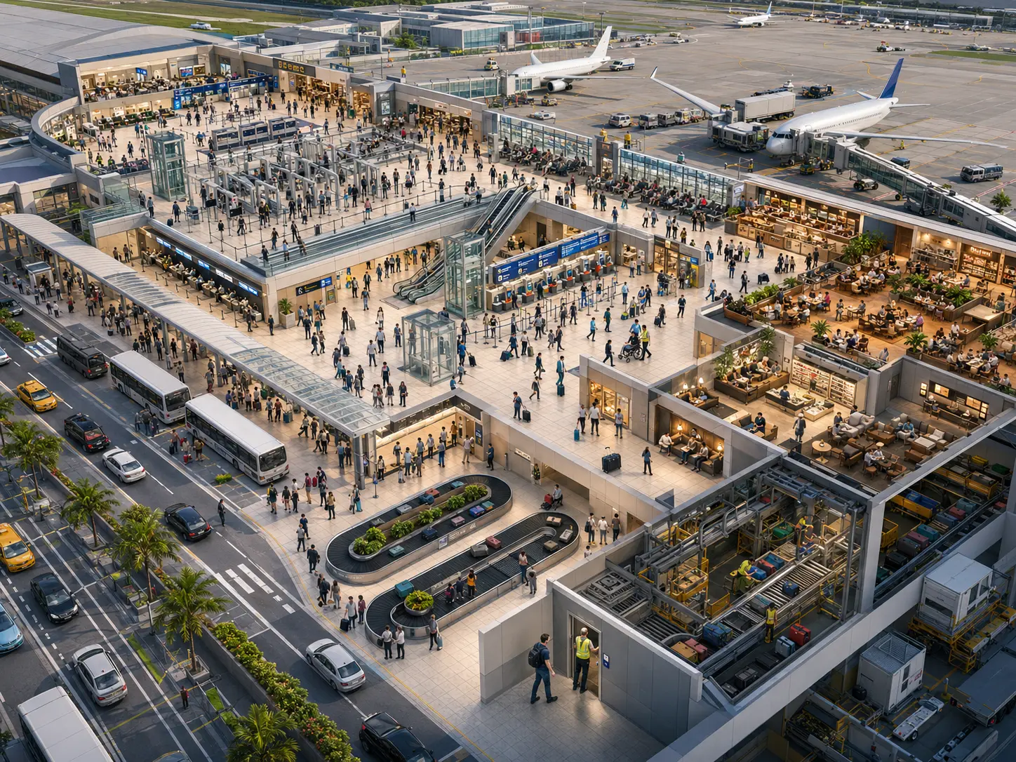 Vista elevada y abierta de un aeropuerto: abajo a la izquierda la carretera de accesos con autobuses, taxis y coches parados junto a la acera; en el centro el vestíbulo del terminal con mostradores, filas de pasajeros y escaleras mecánicas; a la derecha una galería de tiendas y restauración; al fondo las puertas de embarque con dos aviones estacionados y sus pasarelas; abajo en el centro una cinta de recogida de equipajes y, junto a ella, el sótano de manipulación con cintas y carros.