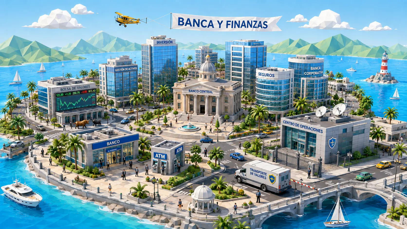 Vista elevada ilustrada de un distrito financiero sobre una península rodeada de mar turquesa: torres de oficinas de cristal, un edificio clásico con cúpula y columnas y una plaza con fuente delante, palmeras y peatones cruzando por los pasos de cebra, una oficina bancaria a pie de calle con un vestíbulo de cajeros automáticos al lado, un furgón blindado de transporte de fondos parado junto a la entrada vallada de un centro de operaciones con antenas parabólicas en la azotea, una pantalla de cotizaciones en una fachada, coches y taxis por las calles, un puente a la derecha, veleros y un yate en el agua, un faro rojo y blanco sobre una roca y una avioneta amarilla que arrastra una banderola sobre las montañas del fondo.