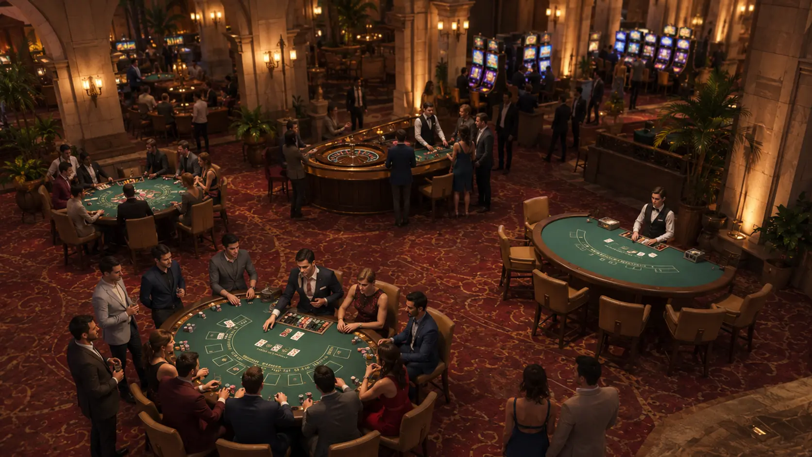 Vista elevada ilustrada de la sala de juego de un casino: en primer término una mesa de cartas llena, con jugadores sentados y otros de pie mirando, fichas y cartas sobre el tapete verde; detrás, una mesa de ruleta con gente alrededor; a la derecha, otra mesa de cartas con su crupier y todas las sillas vacías; al fondo, una fila de máquinas de juego encendidas; columnas de piedra, apliques de pared, plantas en macetas y una moqueta roja con dibujo, bajo una luz cálida y baja.