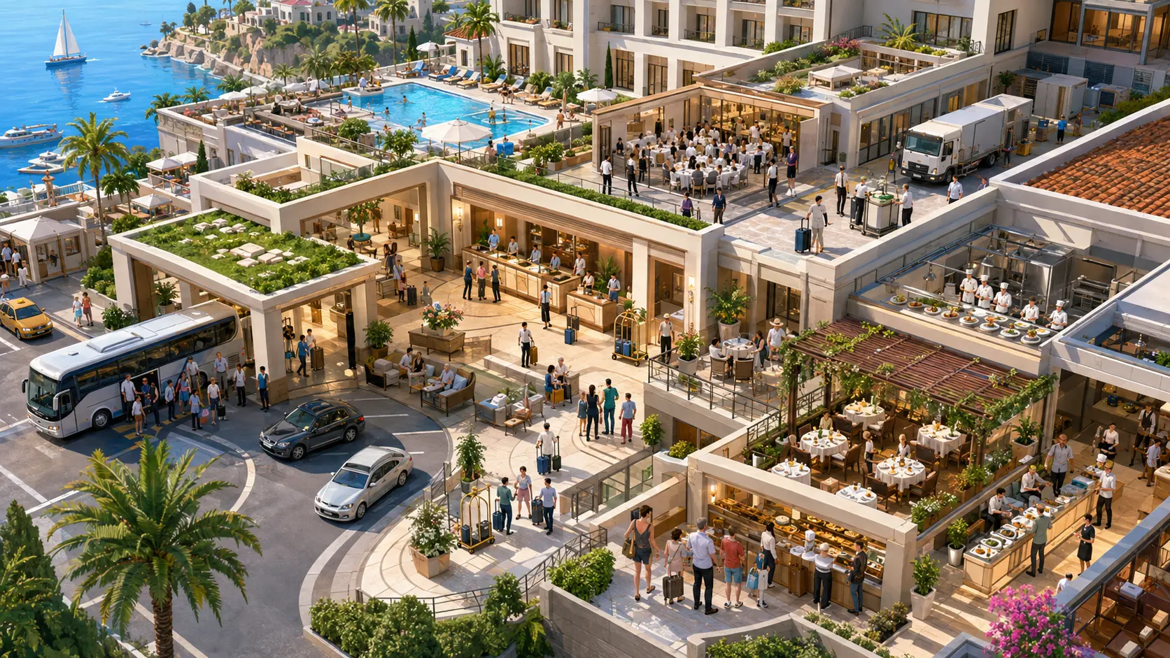 Ilustración de un hotel junto al mar visto desde el aire, con la piscina, el mostrador de recepción, la terraza del desayuno, el comedor, la cocina, el muelle de servicio y un autocar descargando huéspedes con maletas en la entrada.