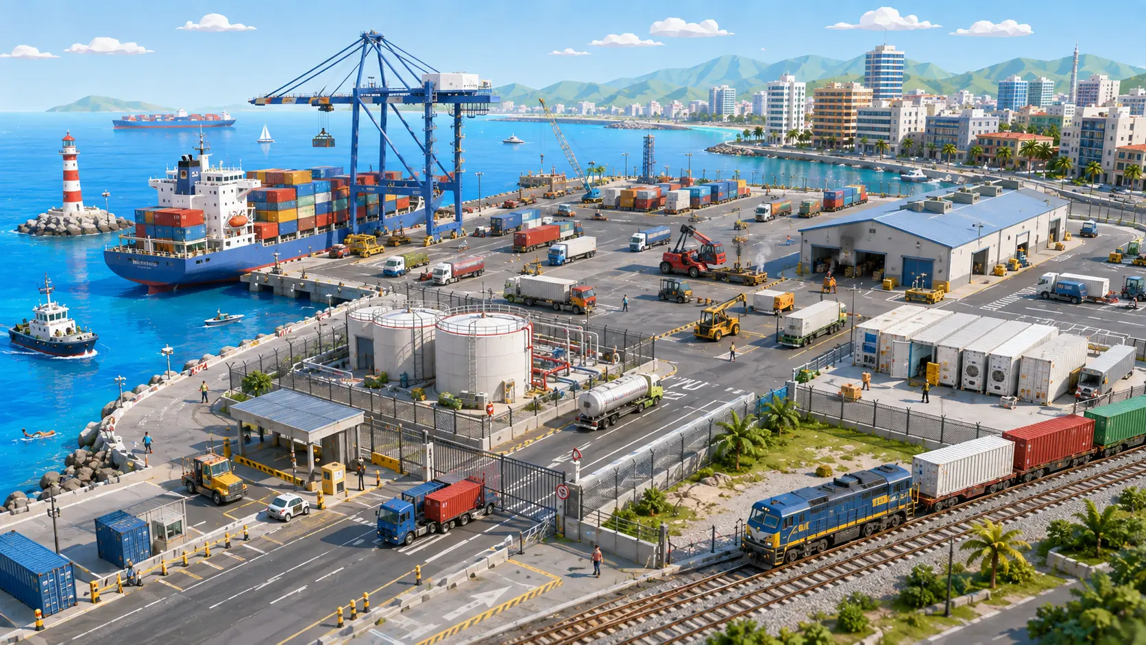 Vista elevada ilustrada de una terminal portuaria de contenedores junto a una ciudad: dos grúas pórtico azules descargando un portacontenedores amarrado al muelle, pilas de contenedores de colores, un faro rojo y blanco sobre la escollera y un remolcador entrando por la bocana, camiones con plataforma y carretillas de gran tonelaje moviéndose por la campa, un bloque de contenedores frigoríficos enchufados junto a una nave, dos depósitos blancos de líquidos, la puerta de entrada con barreras y garitas, un tren de mercancías cargado en la vía, y al fondo el paseo marítimo, los edificios y las montañas.