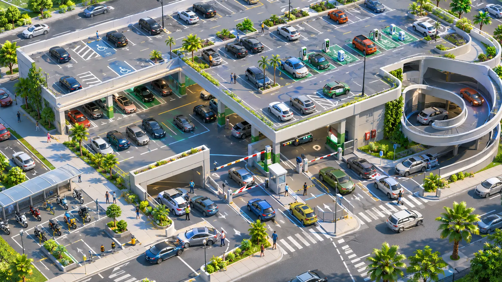 Vista elevada ilustrada de un aparcamiento de varias plantas: arriba, la cubierta al aire libre con filas de plazas marcadas y coches aparcados, dos plazas reservadas pintadas de azul con su símbolo en el suelo y una hilera de plazas verdes con postes de recarga eléctrica; entre las filas, palmeras y jardineras. Debajo, una planta cubierta con más filas de coches entre pilares verdes y flechas de sentido pintadas en el suelo. A la derecha, una rampa helicoidal abierta por la que baja un coche. En el centro, el acceso: dos barreras levantadas, una garita acristalada, las máquinas de cobro y una fila de coches esperando a entrar; al lado, la boca de la rampa que baja al sótano. Abajo a la izquierda, un aparcamiento de motos y bicicletas bajo una marquesina de cristal. Alrededor, una calle con pasos de peatones, coches circulando, peatones en la acera y palmeras.