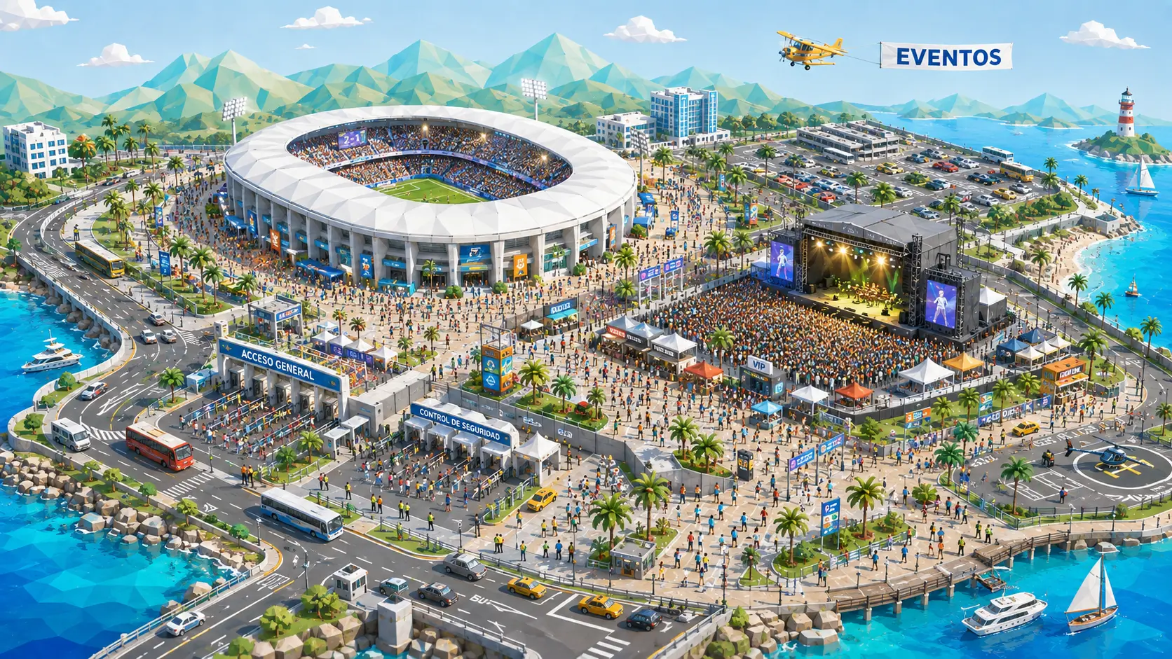 Vista aérea ilustrada de un recinto de eventos junto al mar: un estadio lleno con cubierta blanca, un escenario de concierto al aire libre con el público delante, las puertas de acceso general y el control de seguridad con colas y tornos, autocares y un aparcamiento, un paseo con palmeras y la costa al fondo.