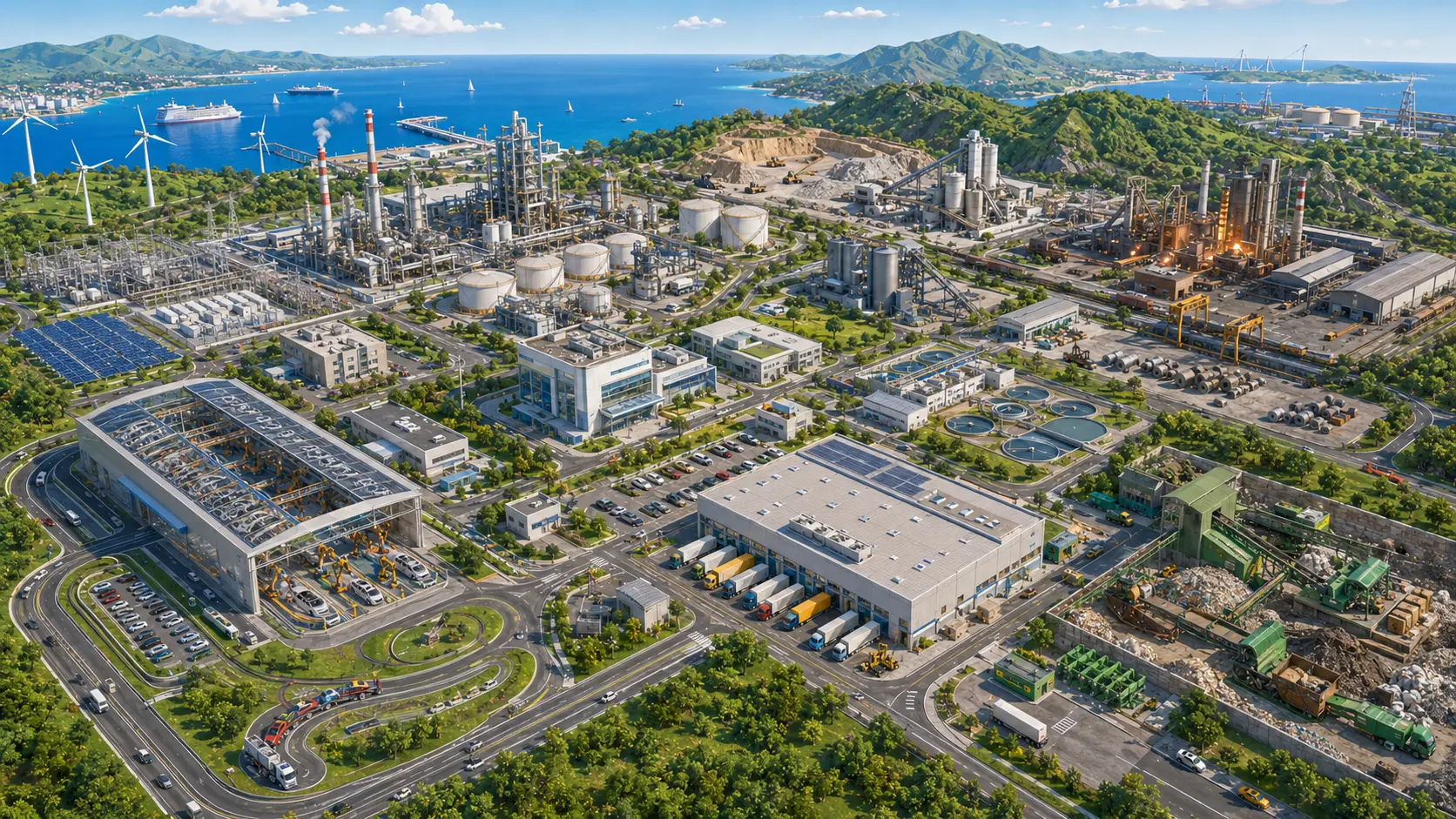 Ilustración de un polígono industrial visto desde el aire, con naves de fabricación, silos, depósitos, muelles de carga y patios de maniobra repartidos por el plano.