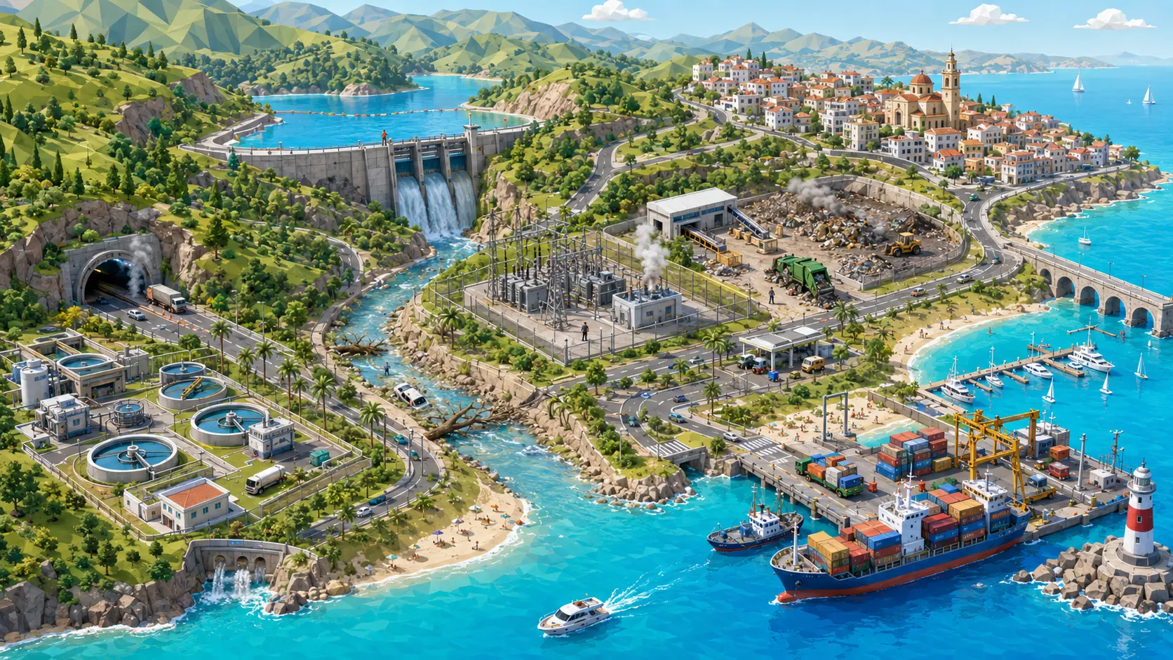 Vista aérea ilustrada de un territorio costero mediterráneo con todas sus infraestructuras en un solo plano: arriba a la izquierda una presa de hormigón con su embalse y tres aliviaderos vertiendo agua, y desde ella un río encajado que baja en diagonal hasta el mar; en el centro una subestación eléctrica vallada con pórticos y transformadores; a su derecha una planta de residuos con la pila de material, humo y una pala cargadora; a la izquierda la boca de un túnel de carretera con camiones entrando, y debajo una depuradora con decantadores circulares y balsas; arriba un pueblo blanco de tejados rojos sobre el acantilado; abajo a la derecha el puerto con su dársena, grúas pórtico, un portacontenedores, la marina de veleros y el faro.