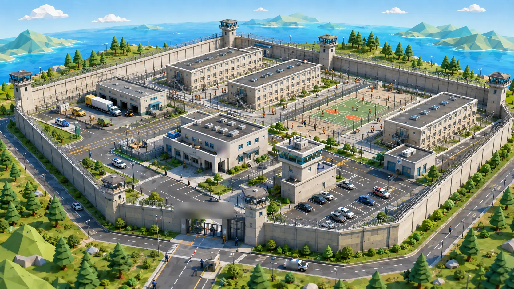 Vista elevada ilustrada de un centro penitenciario junto al mar: un muro perimetral de hormigón coronado con concertina y cuatro torres de vigilancia en las esquinas, tres bloques de celdas alargados de varias plantas, un patio con pista deportiva y grupos de personas, el edificio de administración, una torre de control acristalada en medio del recinto, un muelle de carga y descarga con camiones a un lado, un aparcamiento con coches, el control de acceso con su puerta y la carretera de entrada, pinos alrededor y el mar con islas al fondo.