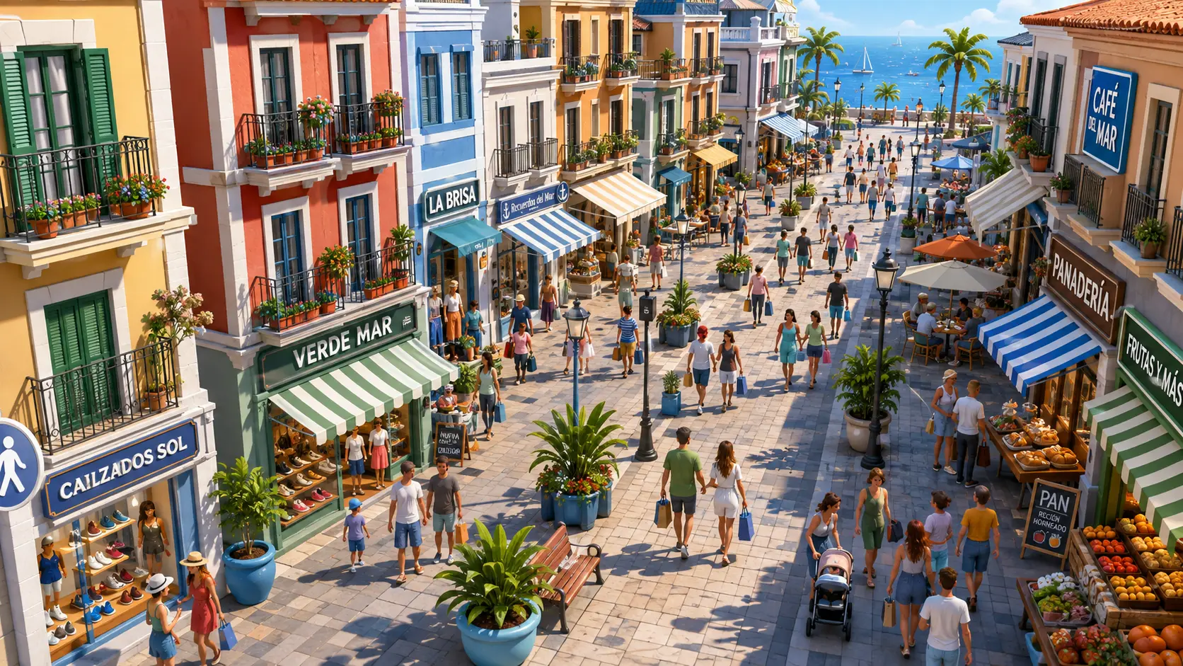 Vista elevada ilustrada de una calle comercial peatonal en un pueblo costero: fachadas de colores con balcones y flores, toldos sobre los escaparates de una zapatería, una panadería con el pan a la vista y un puesto de fruta, una terraza de café, gente paseando con bolsas de la compra, palmeras y el mar al fondo.