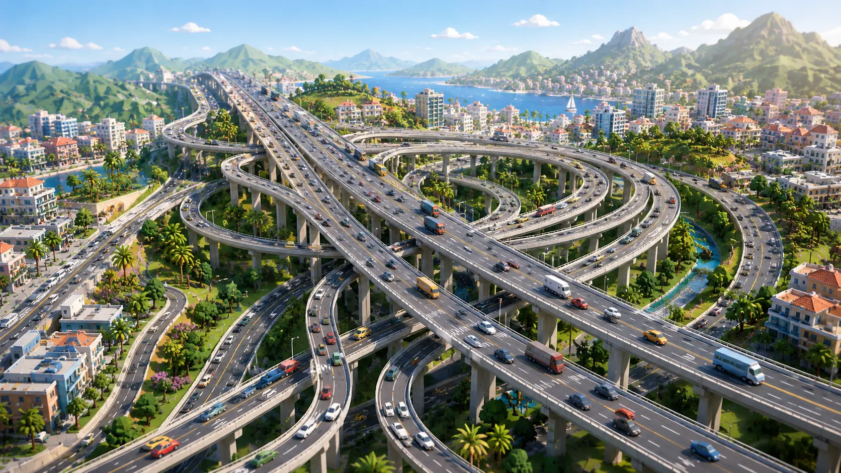 Vista aérea ilustrada de un gran nudo de autopista sobre una ciudad costera: viaductos y lazos de enlace superpuestos, carriles con coches, camiones y autobuses, palmeras entre las rampas, y montañas y mar al fondo.