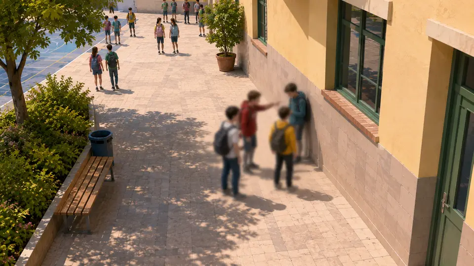 Der seitliche Durchgang zwischen Gebäude und Schulhof, am Vormittag. An der Wand steht ein Junge; vor ihm versperren drei Mitschüler den Weg, einer mit ausgestrecktem Arm. Ringsum nichts: eine leere Bank, ein Papierkorb, der Schatten des Baumes. Achtzehn Meter weiter queren zwei Schüler den Durchgang, ohne den Kopf zu drehen, und hinten läuft die Pause auf dem Hof einfach weiter. Im ganzen Bild ist kein einziger Erwachsener. Auf der Aufnahme sind nicht einmal die Gesichter zu erkennen, und das muss auch nicht sein: IRIS sieht die Form — jemand an der Wand, mehrere davor, die den Weg versperren — und an welcher Stelle des Durchgangs das ist. Wer diese Kinder sind, weiß es nicht; wer schiebt und wer es abbekommt, sagt es nicht; und was vorher war, weiß es auch nicht.