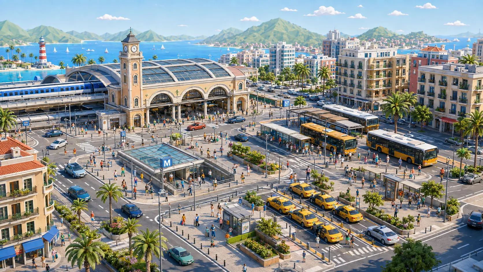 Vista aérea ilustrada de una gran estación junto al mar: un edificio histórico con torre del reloj y una bóveda de cristal, un tren detenido en las vías, una plaza llena de gente con pasos de peatones y una boca de metro, dársenas con autobuses amarillos, una fila de taxis esperando, palmeras entre las aceras, y montañas y mar al fondo.