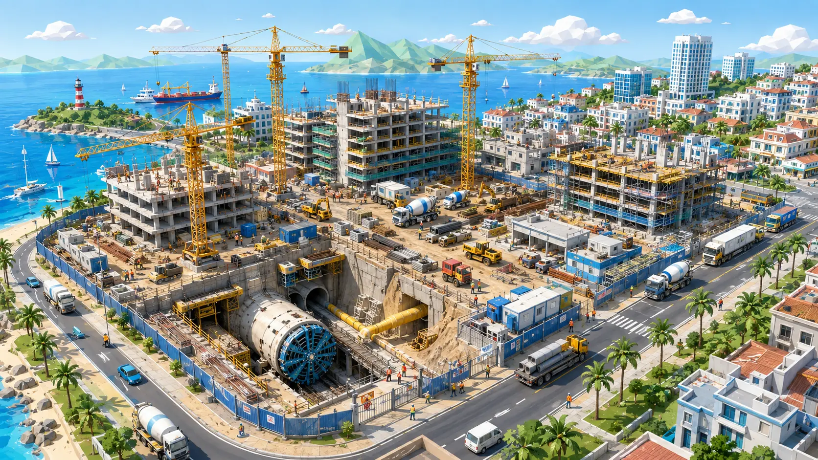 Vista elevada ilustrada de una obra grande junto al mar: dos grúas torre amarillas sobre un edificio en construcción con los forjados al aire y mallas verdes, un pozo abierto con una tuneladora en el fondo, casetas y contenedores de obra, hormigoneras y camiones entrando desde la carretera, todo el recinto cerrado con una valla azul, palmeras alrededor y el pueblo y el mar al fondo.